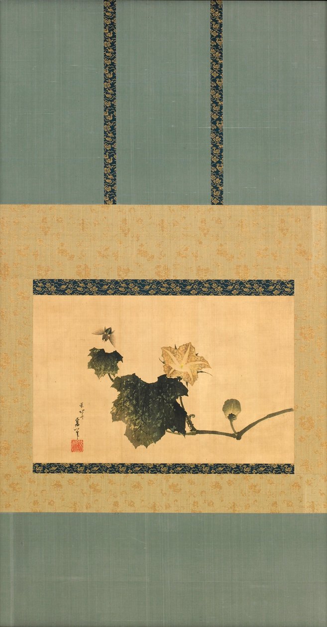 Dynia i winorośl i mucha konna, okres Edo, ok. 1825 (atrament i kolor na jedwabiu) autorstwa Katsushika Hokusai