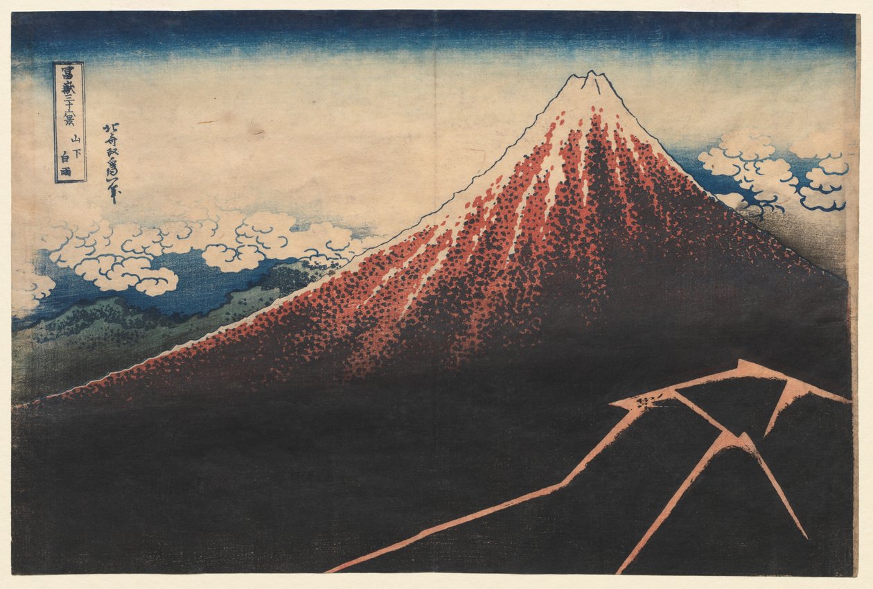 Deszcz pod górą z serii Trzydzieści sześć widoków na górę Fuji, początek lat 30. XIX wieku. autorstwa Katsushika Hokusai