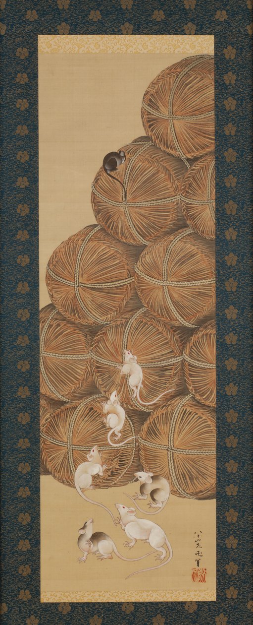 Szczury i bele ryżu, okres Edo, 1843 (tusz i kolor na jedwabiu) autorstwa Katsushika Hokusai