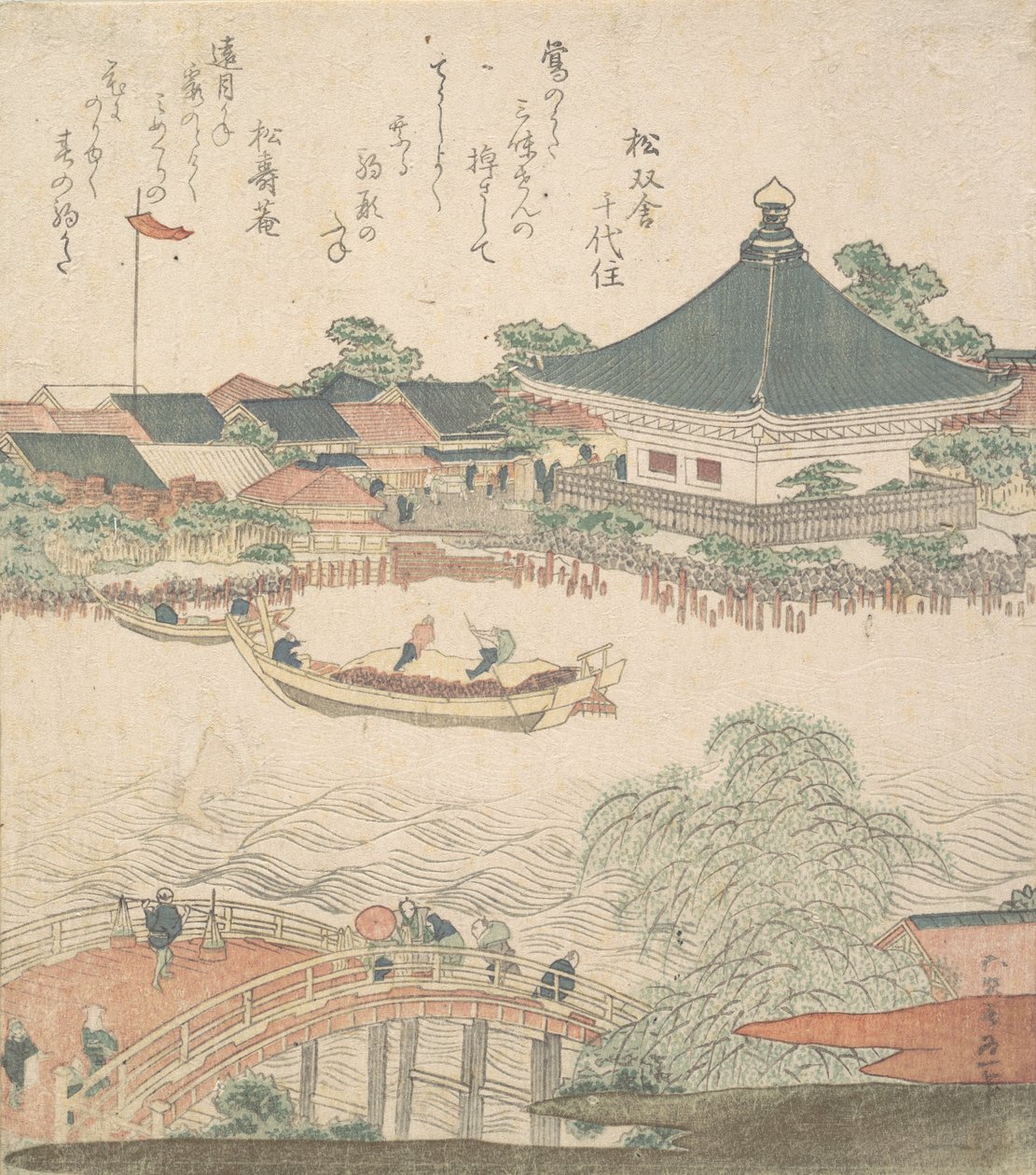 Scena rzeczna z mostem na pierwszym planie, ca. 1810. autorstwa Katsushika Hokusai
