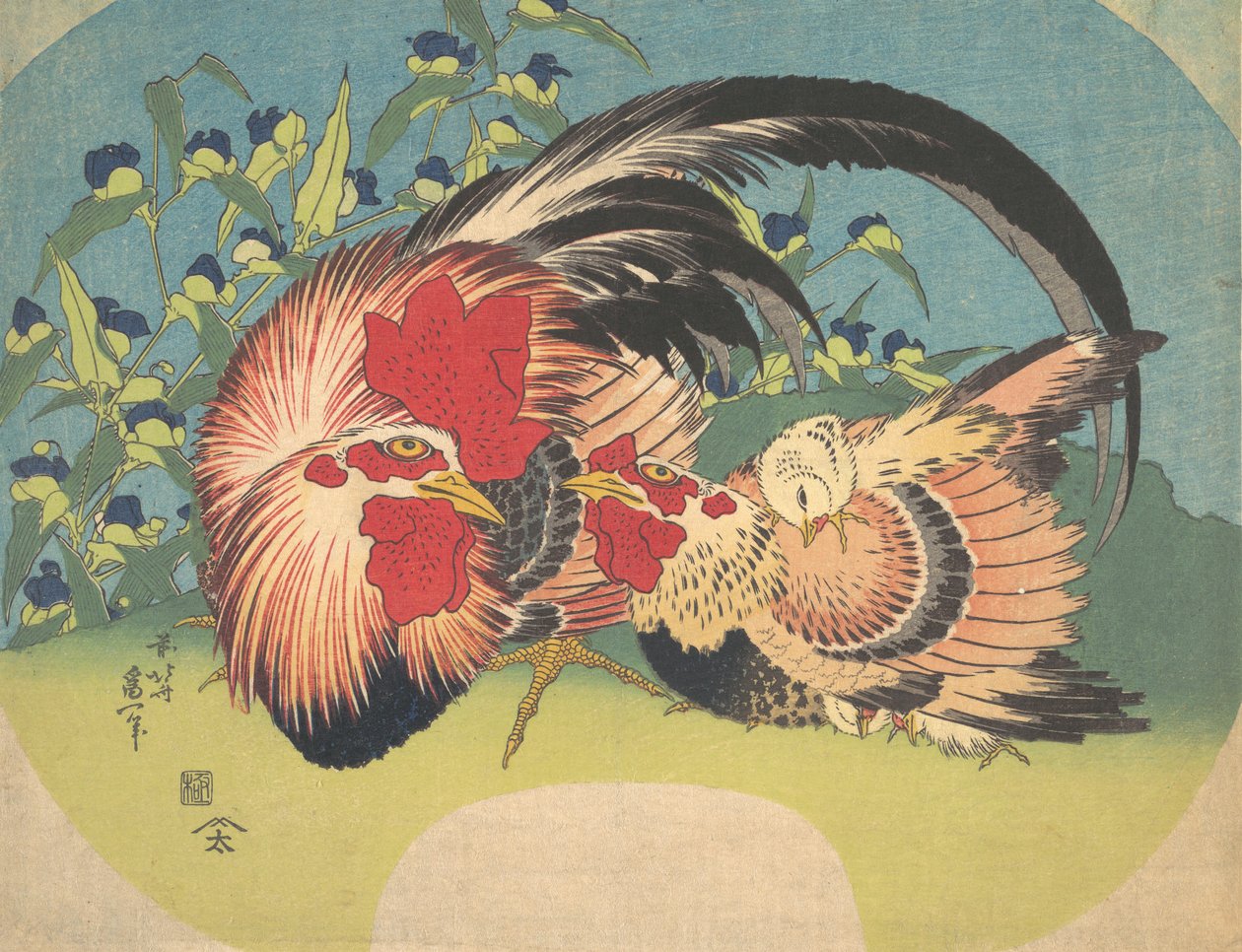 Kogut, Kura i Kurczak z Spiderwort, ca. 1830-33. autorstwa Katsushika Hokusai