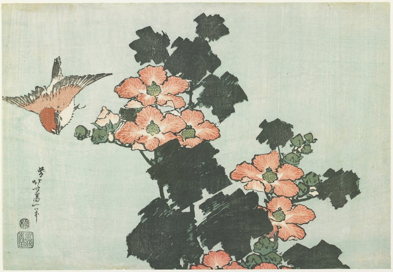Róża malwa i wróbel, ok. 1832 r. autorstwa Katsushika Hokusai