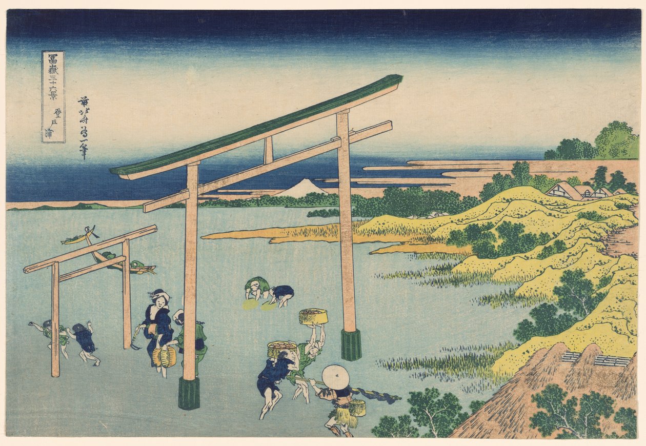 Wybrzeże w Nobutoura (Nobutoura), z cyklu „Trzydzieści sześć widoków na górę Fuji (Fugaku sanjurokkei)” autorstwa Katsushika Hokusai