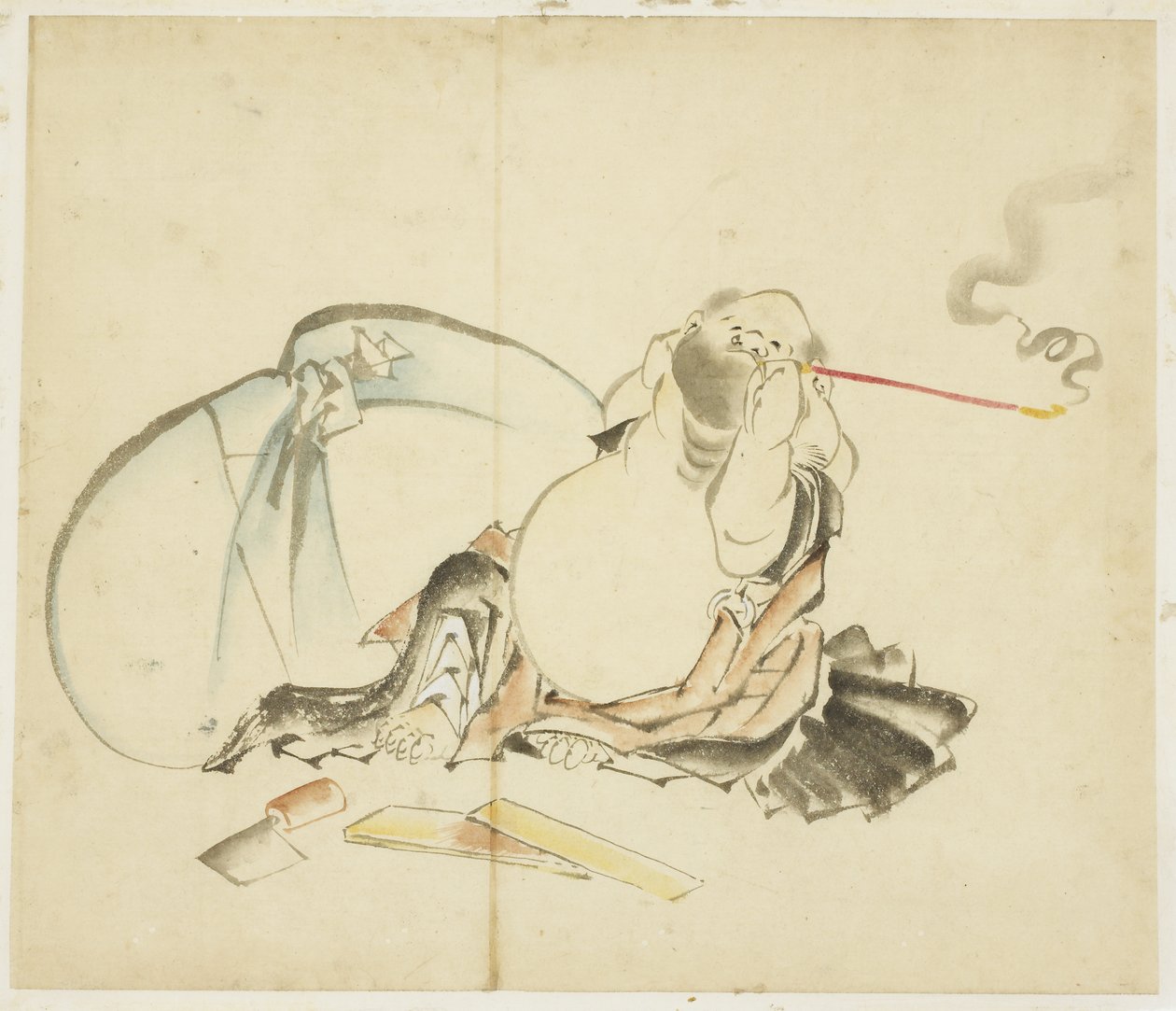 Siedzący Hotei palący fajkę, ca. 1815-1849 (tusz i kolor na papierze) autorstwa Katsushika Hokusai
