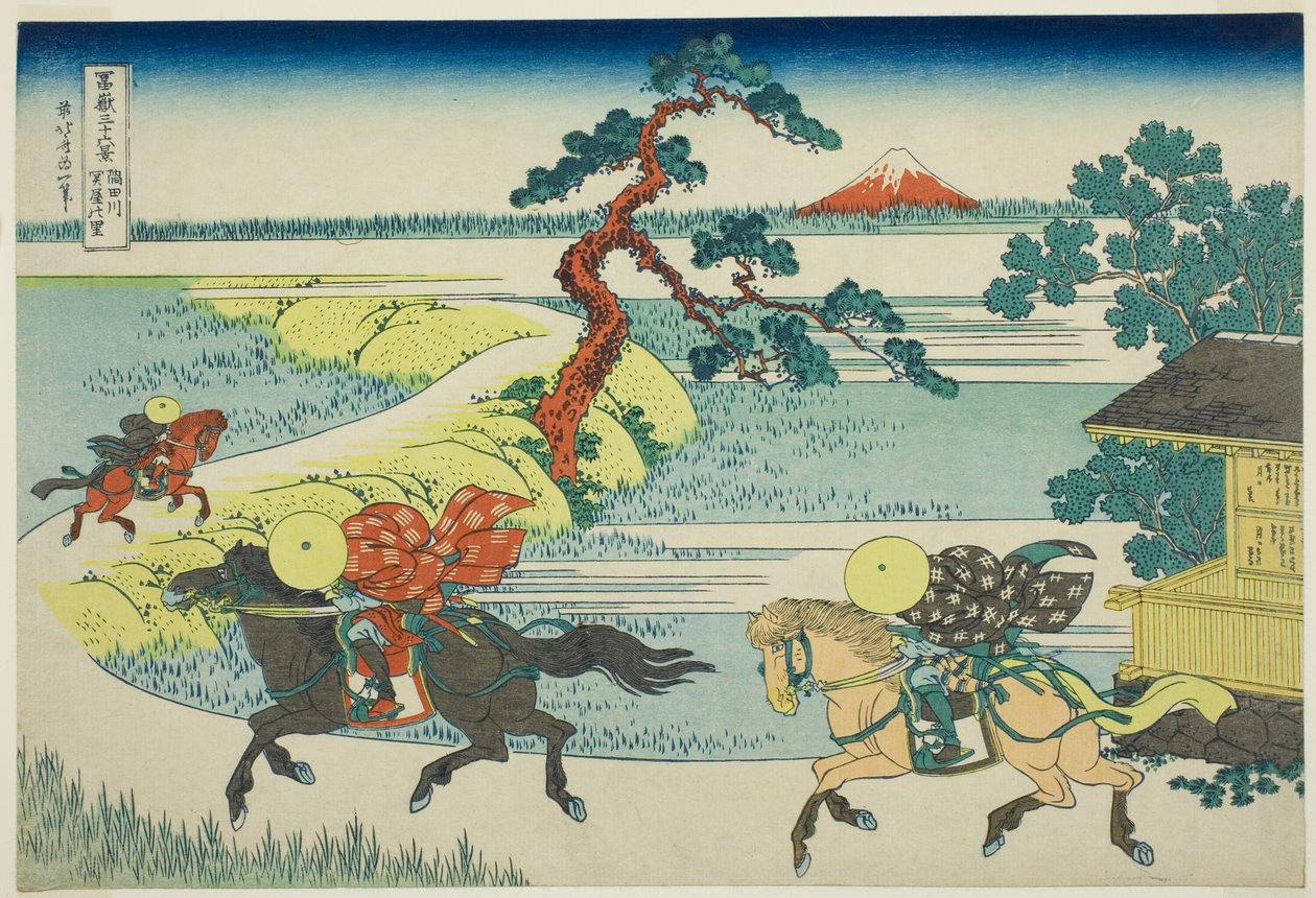 Wioska Sekiya nad rzeką Sumida (Sumidagawa Sekiya no sato), z serii Trzydzieści sześć widoków na górę Fuji (Fugaku sanjūrokkei) autorstwa Katsushika Hokusai