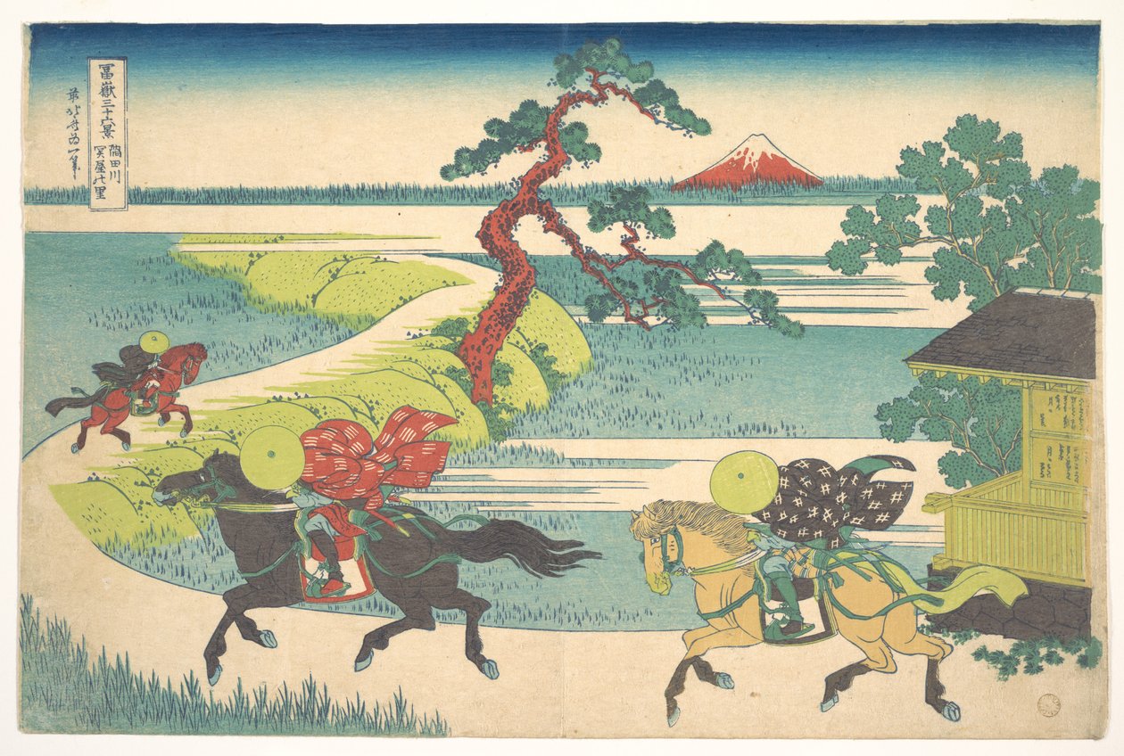 Wioska Sekiya nad rzeką Sumida (Sumidagawa Sekiya no sato), z cyklu „Trzydzieści sześć widoków góry Fuji” (Fugaku sanjūrokkei) autorstwa Katsushika Hokusai