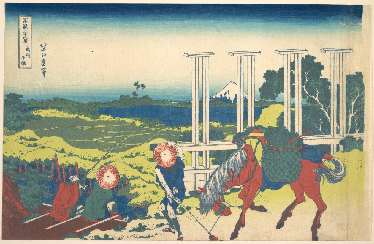 Senju w prowincji Musashi (Bushū Senju), z cyklu „Trzydzieści sześć widoków góry Fuji” (Fugaku sanjūrokkei) autorstwa Katsushika Hokusai