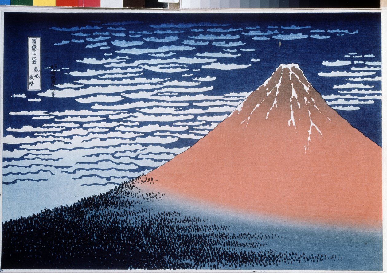 Seria 36 widoków góry Fuji: Fuji w pogodny dzień (zwana także Czerwoną Fuji) (Czerwona Fuji, z serii 36 widoków góry Fuji). Rycina Katsushika Hokusai (1760-1849) autorstwa Katsushika Hokusai