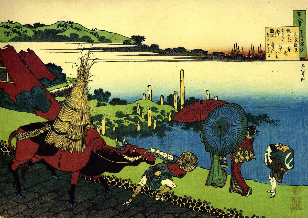 Seria stu wierszy stu poetów: Krajobraz "Motoyoshi Shinno" z chłopem i jego wołem, spacerowicze, Japonia - grafika Katsushika Hokusai (1760-1849) (szkoła ukiyo-e) ok. 1830 r. Pustelnia Państwowa Sankt Petersburg autorstwa Katsushika Hokusai