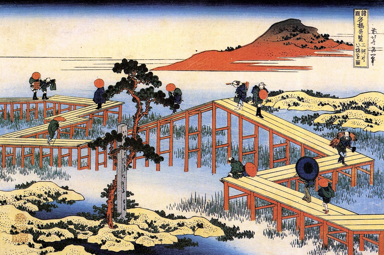 Seria niezwykłych widoków mostów z różnych prowincji: most Yatsuhashi w prowincji Mikawa, Japonia - Rycina Katsushika Hokusai (1760-1849) (szkoła ukiyo-e) 1835 Państwowy Ermitaż Sankt Petersburg Rosja autorstwa Katsushika Hokusai