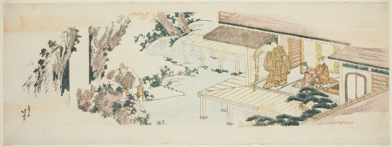 Sługa rzucający wiązki gałęzi do wodospadu autorstwa Katsushika Hokusai