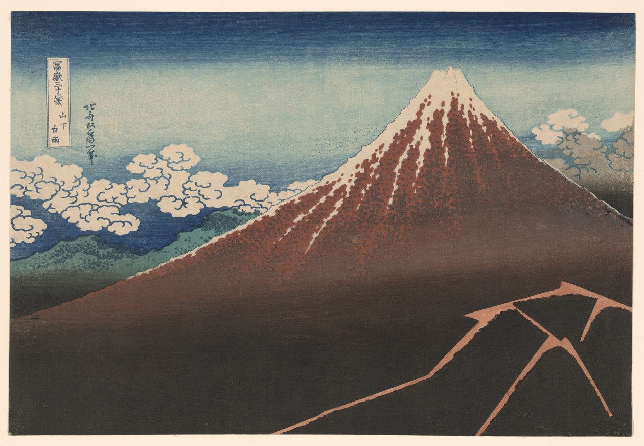 Prysznic pod szczytem (Sanka hakuu), z cyklu „Trzydzieści sześć widoków góry Fuji (Fugaku sanjurokkei)” autorstwa Katsushika Hokusai