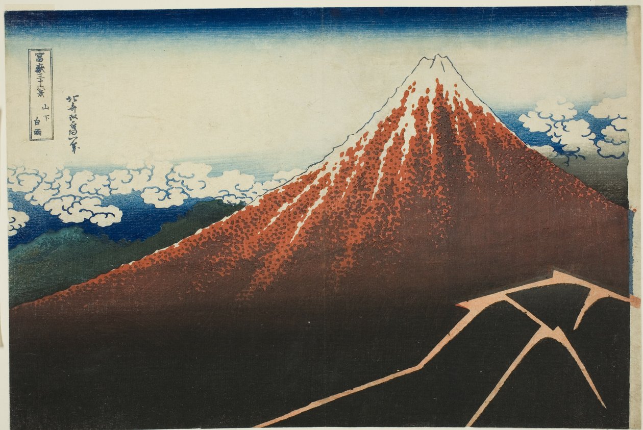 Prysznic pod szczytem (Sanka hakuu), z cyklu „Trzydzieści sześć widoków góry Fuji (Fugaku sanjurokkei)” autorstwa Katsushika Hokusai
