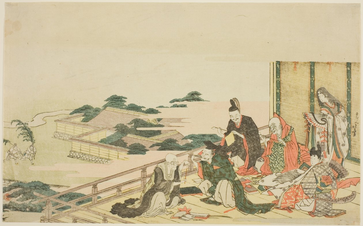 Sześciu nieśmiertelnych poetów przygotowuje się do festiwalu Tanabata autorstwa Katsushika Hokusai