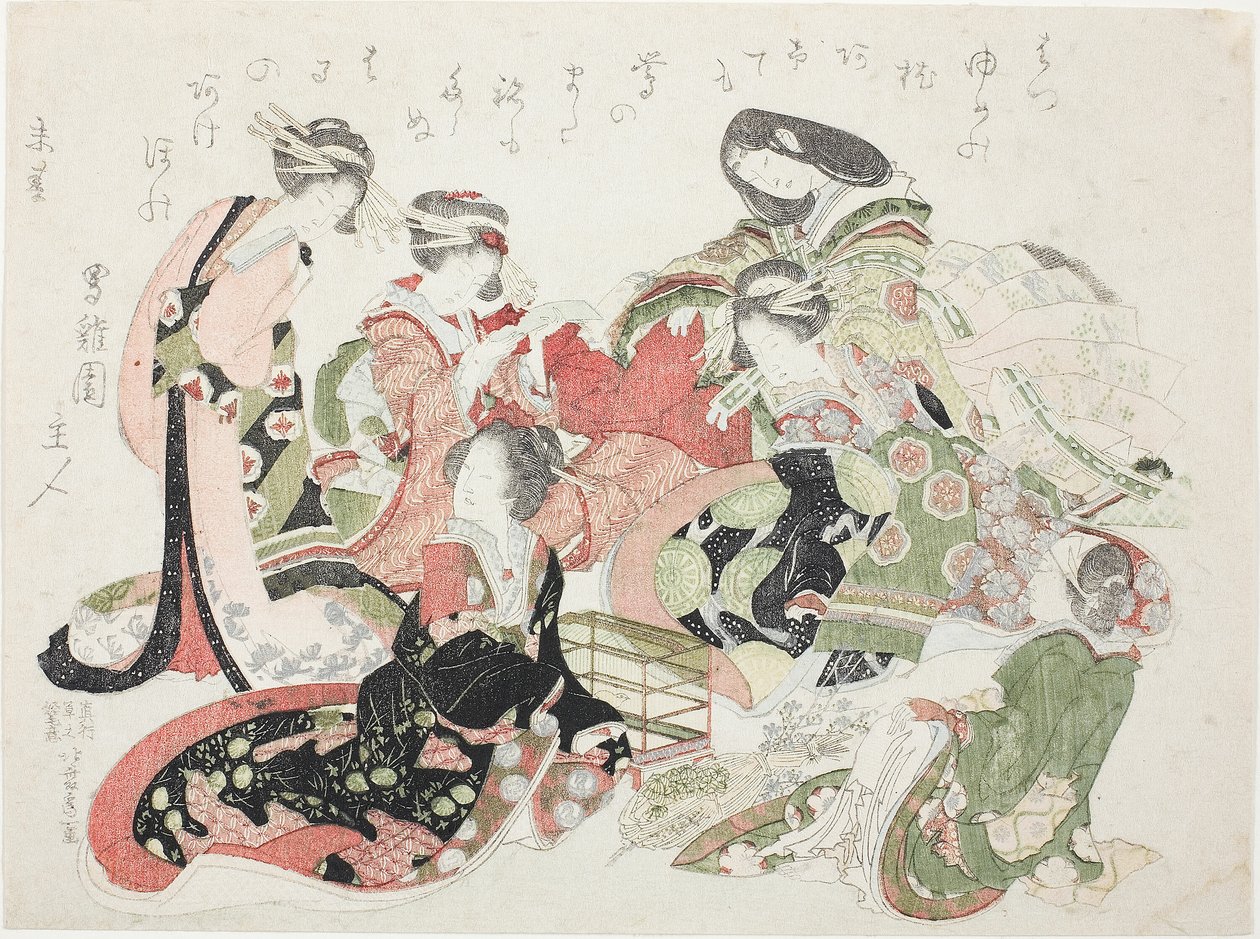 Sześć kobiet siedzących wokół klatki dla ptaków autorstwa Katsushika Hokusai