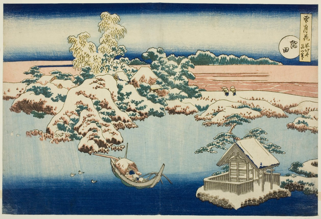 Śnieg nad rzeką Sumida, z cyklu „Śnieg, księżyc i kwiaty” autorstwa Katsushika Hokusai