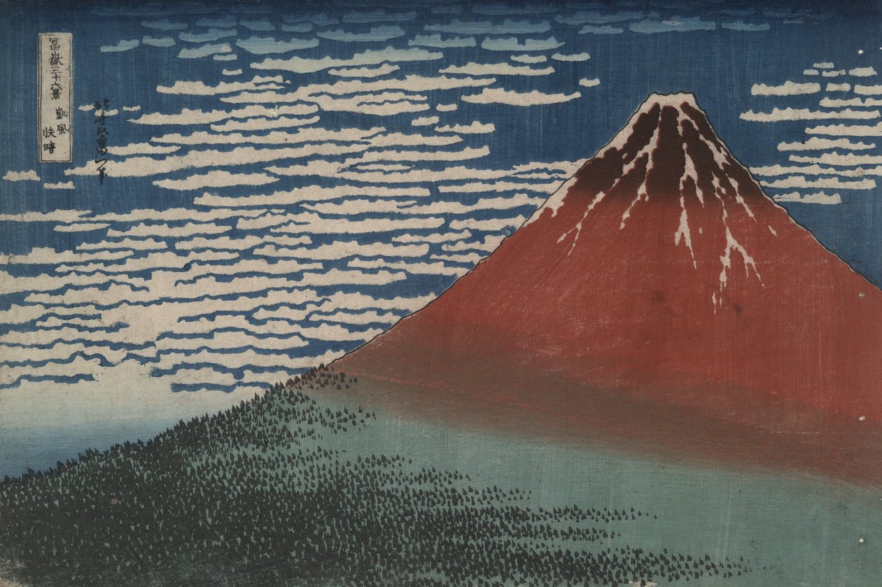 „Południowy wiatr o jasnym świcie”, znany również jako „Czerwona Fuji”, z cyklu „Trzydzieści sześć widoków góry Fuji” autorstwa Katsushika Hokusai