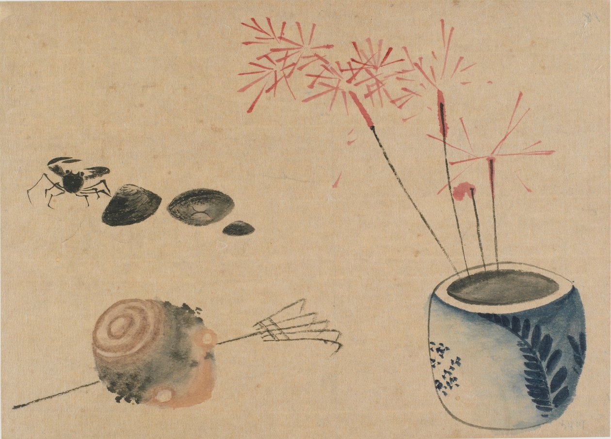 Ognie, krab i bulwa, koniec XVIII-pocz. XIX wieku. autorstwa Katsushika Hokusai