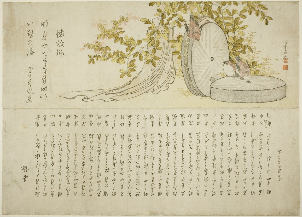 Wróble na kamieniach młyńskich z krzewami Hagi autorstwa Katsushika Hokusai