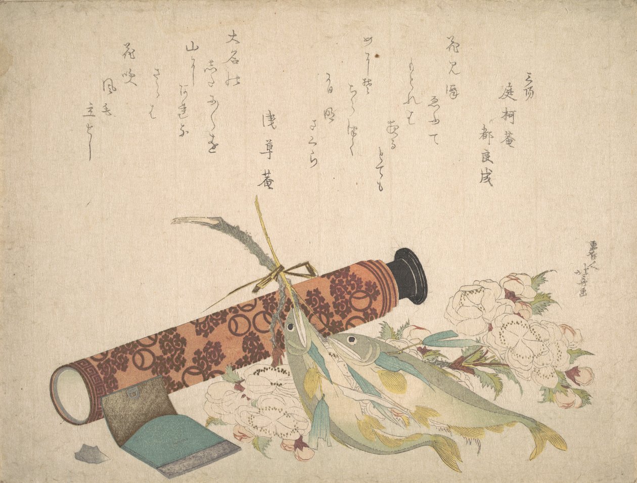 Martwa natura: gałązka podwójnego kwiatu wiśni, teleskop, słodka ryba i chusteczka, c..., ca. 1804-13. autorstwa Katsushika Hokusai