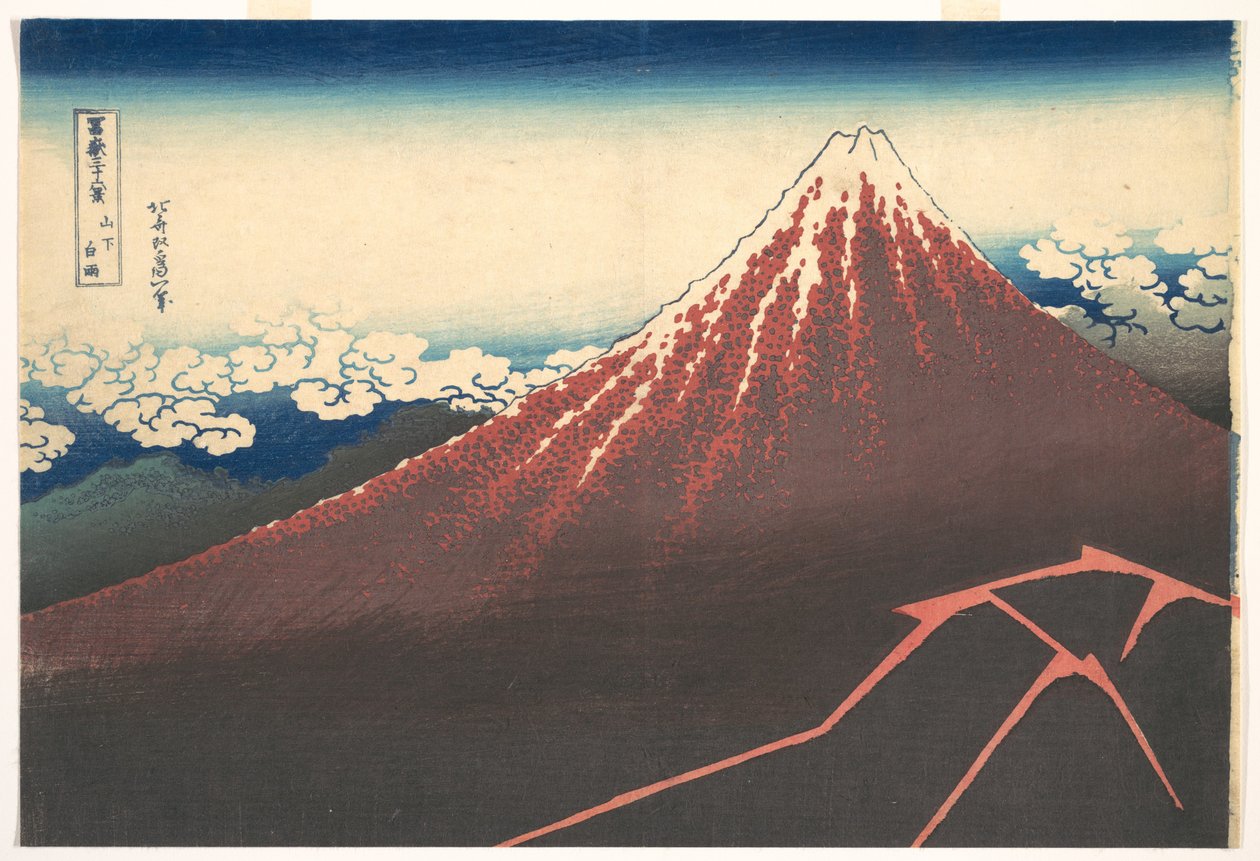 Burza u podnóża góry Fuji (Sanka no haku u), z cyklu „Trzydzieści sześć widoków góry Fuji” (Fugaku sanjūrokkei) autorstwa Katsushika Hokusai