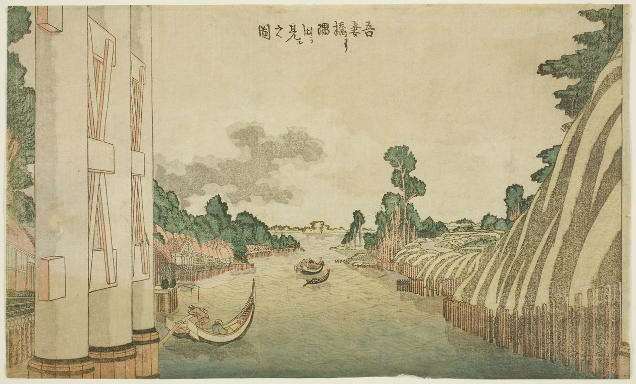 Rzeka Sumida widziana z mostu Azuma (Azumabashi yori Sumida wo miru no zu), z grupy pejzaży w stylu zachodnim autorstwa Katsushika Hokusai