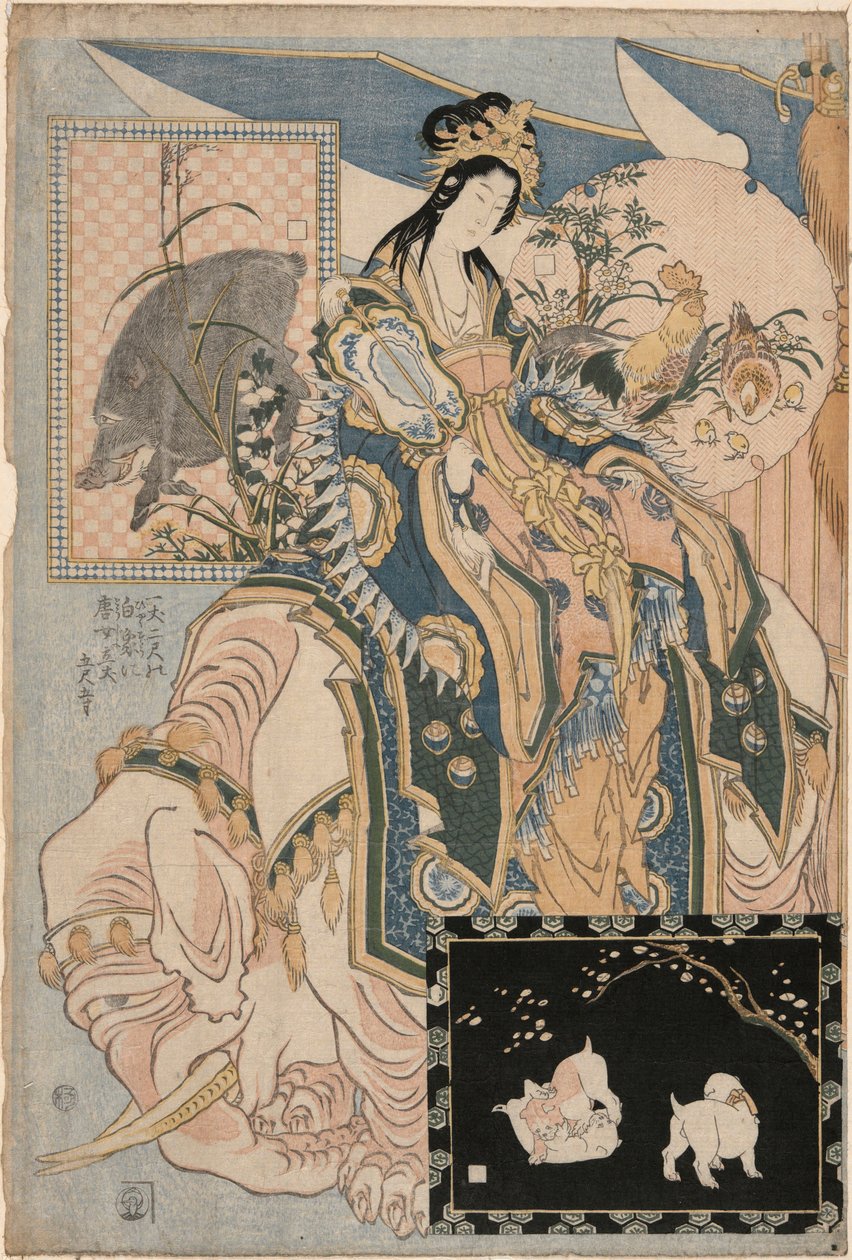 Tang Lady on a White Elephant, z zestawu Reklama Giant Straw Works in a Fair Attraction autorstwa Katsushika Hokusai