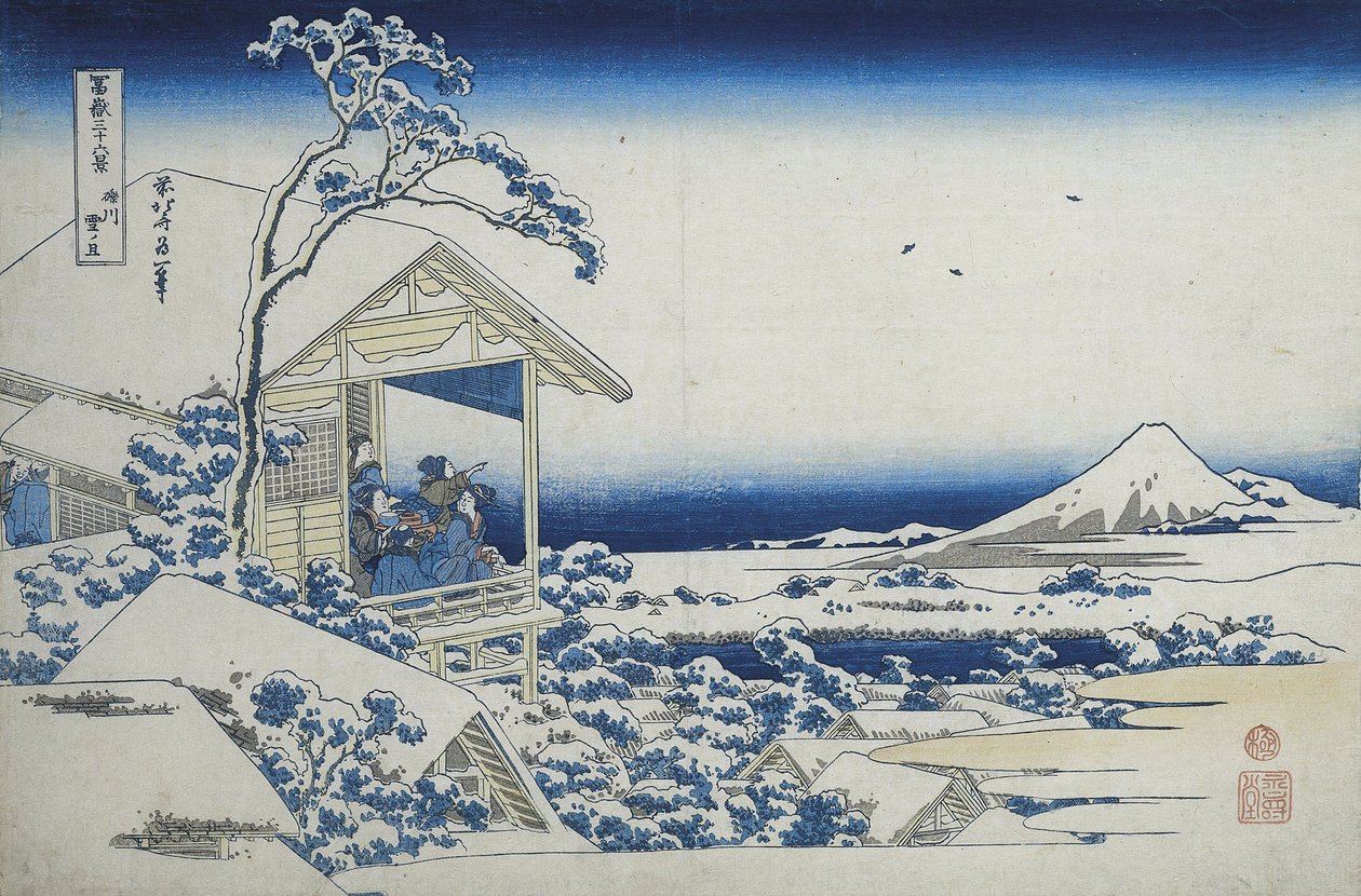 Herbaciarnia w Koishikawa, poranek po opadach śniegu, ok. 1830 r. (drewnodruk) autorstwa Katsushika Hokusai