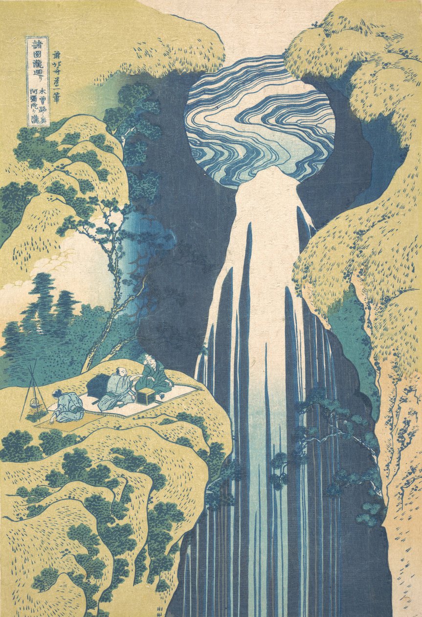 członek amida fars tehwa r zasięgi podstawy otwarcia dolny tył Kisoji dziania wodospad dargar. . . , komar. 1827. autorstwa Katsushika Hokusai