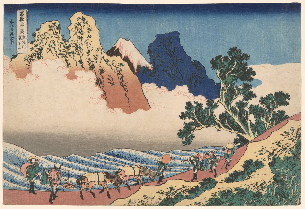 Tył góry Fuji widziany z rzeki Minobu (Minobugawa Urafuji), z serii Trzydzieści sześć widoków góry Fuji (Fugaku sanjūrokkei) autorstwa Katsushika Hokusai