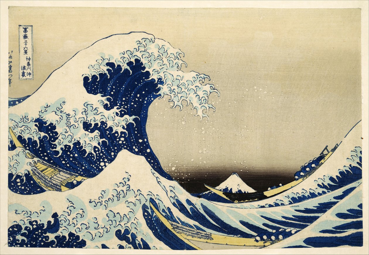 Wielka fala z Kanagawy z serii 36 Widoki na górę Fuji; 1831 (odbitka drzeworytu ręcznie kolorowanego) autorstwa Katsushika Hokusai