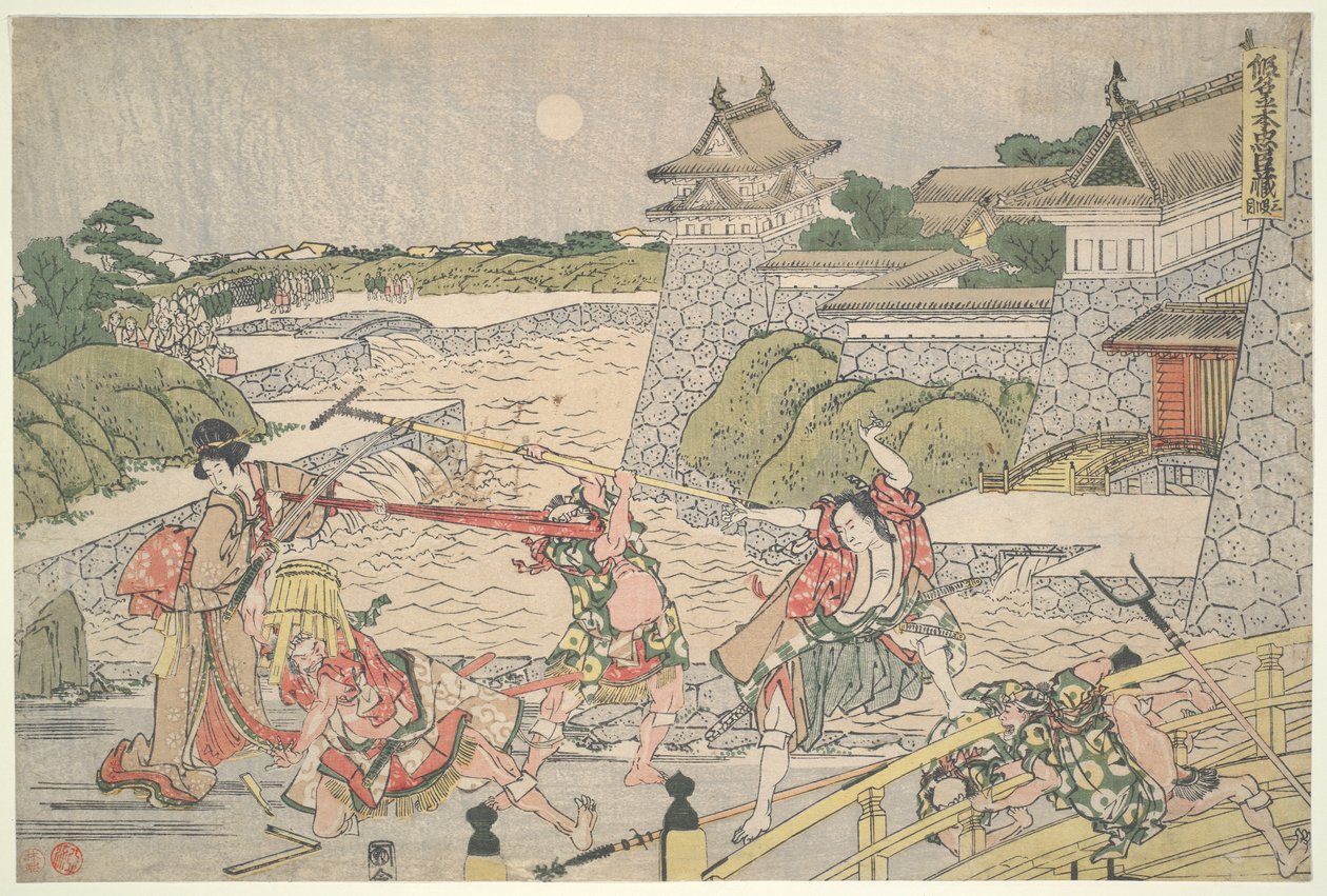 Lojalna Liga Czterdziestu Siedmiu R?in (Chushingura), Akt III: Kampei zaatakowana przez Bannai i jego ludzi autorstwa Katsushika Hokusai