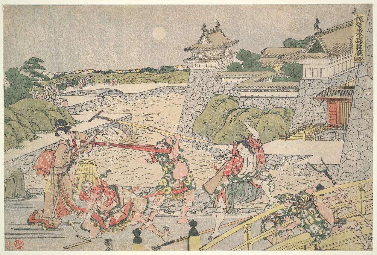 Lojalna Liga Czterdziestu Siedmiu Roninów (Chūshingura), Akt III: Kampei zostaje zaatakowany przez Bannai i jego ludzi autorstwa Katsushika Hokusai