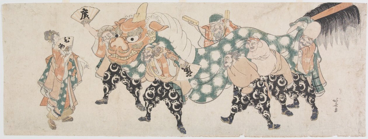Siedmiu bogów szczęścia w tańcu lwa autorstwa Katsushika Hokusai