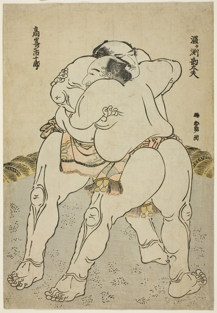 Tesumo Wresters Uzugaen Kandayu Draft i Kazuki Takasaki autorstwa Katsushika Hokusai