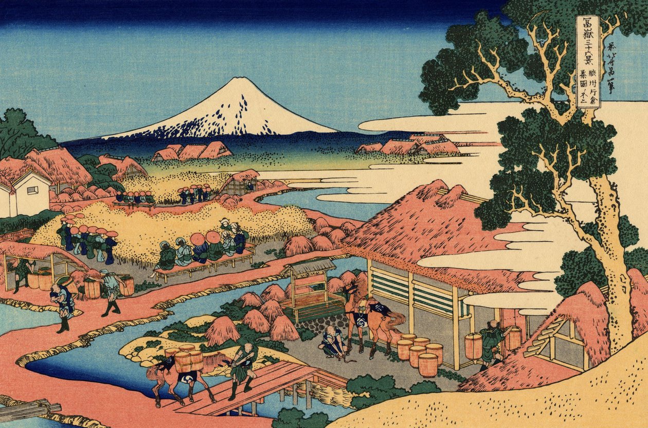 Plantacja herbaty Katakura w prowincji Suruga, ok. 1830 (odbitka drzeworytowa) autorstwa Katsushika Hokusai