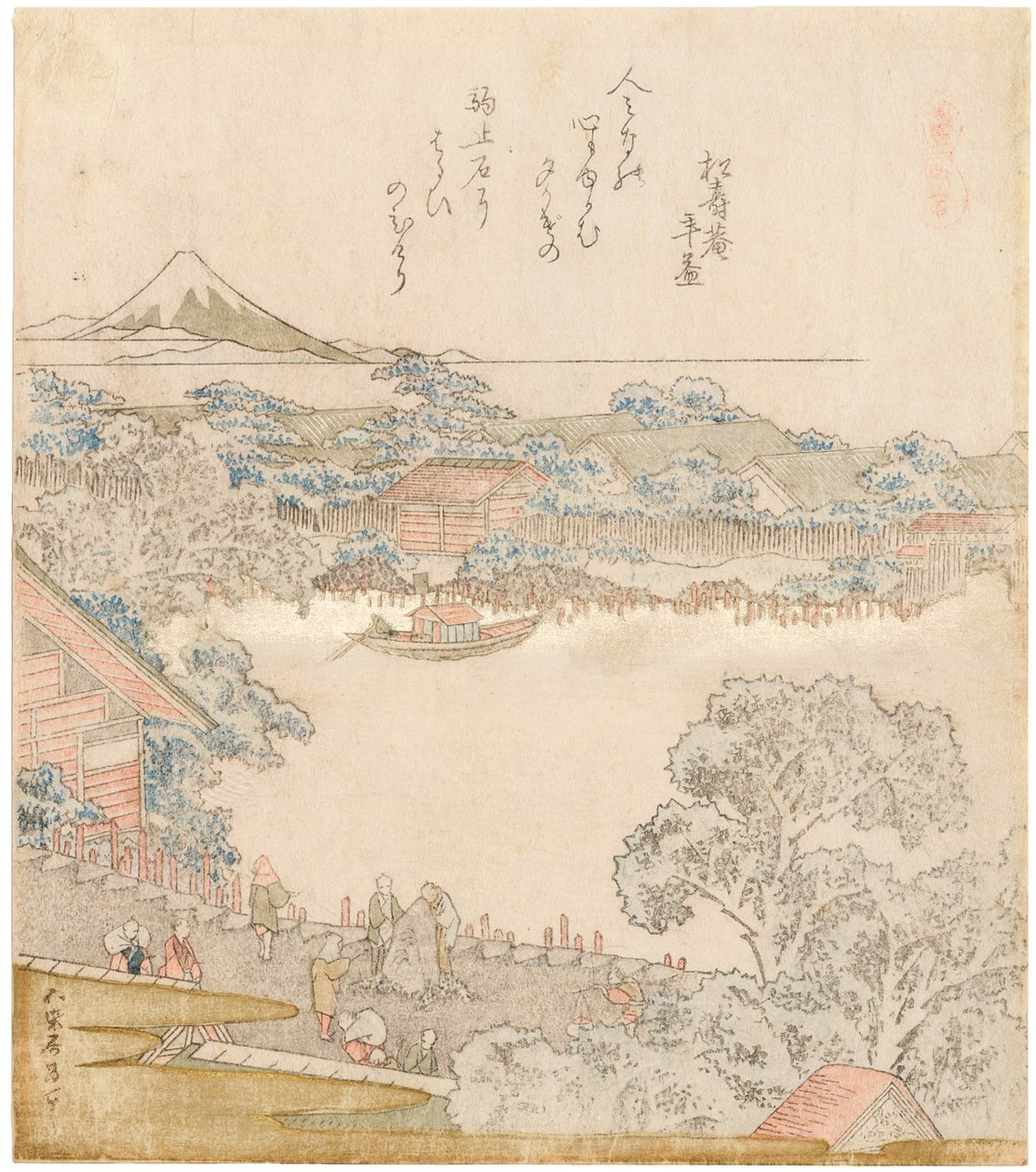Brzegi rzeki Sumida, Komatomeishi. Tryptyk z serii Umazukushi, część lewa, 1822. autorstwa Katsushika Hokusai