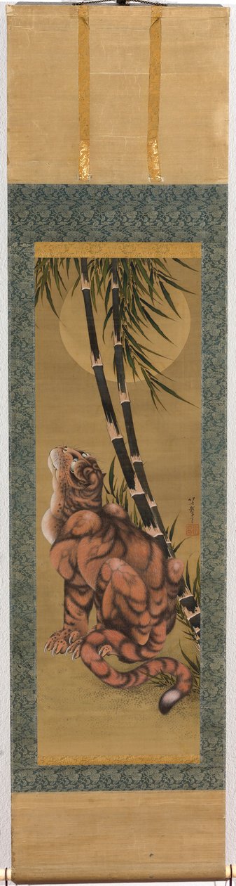 Tygrys wśród bambusów patrzący na księżyc w pełni autorstwa Katsushika Hokusai