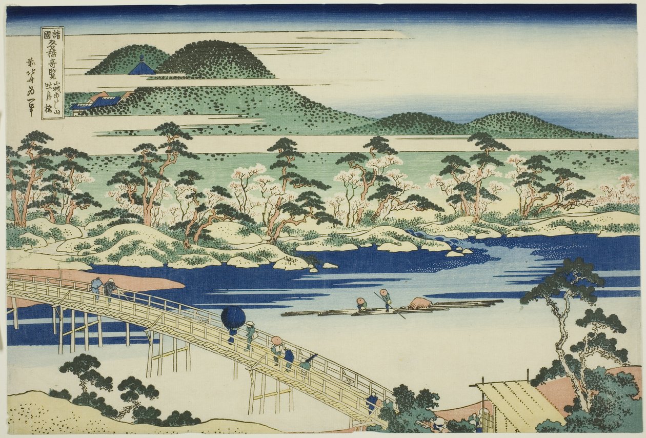 Most Togetsu w Arashiyama w prowincji Yamashiro (Yamashiro Arashiyama no Togetsukyo), z cyklu „Niezwykłe widoki słynnych mostów w różnych prowincjach (Shokoku meikyo kiran)” autorstwa Katsushika Hokusai