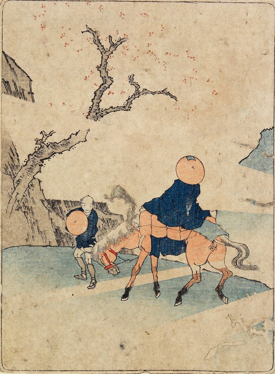 Podróżnik na koniu pod kwitnącą wiśnią autorstwa Katsushika Hokusai