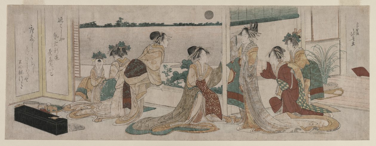 Tsukasa i inne kurtyzany Ogiyi oglądają z balkonu w Yoshiwara wschód księżyca jesiennego nad polami ryżowymi autorstwa Katsushika Hokusai