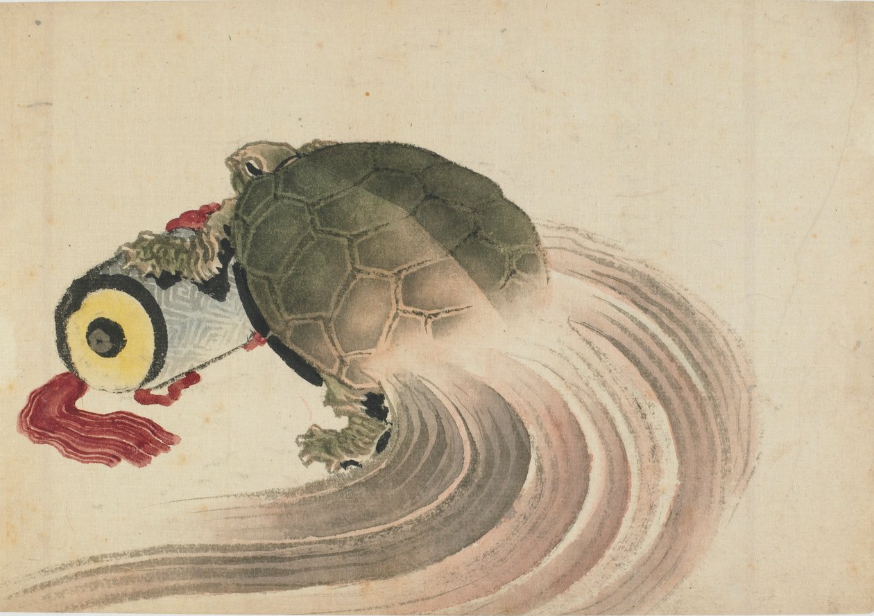 Żółw spoczywający na zwoju, koniec XVIII – początek XIX wieku. autorstwa Katsushika Hokusai