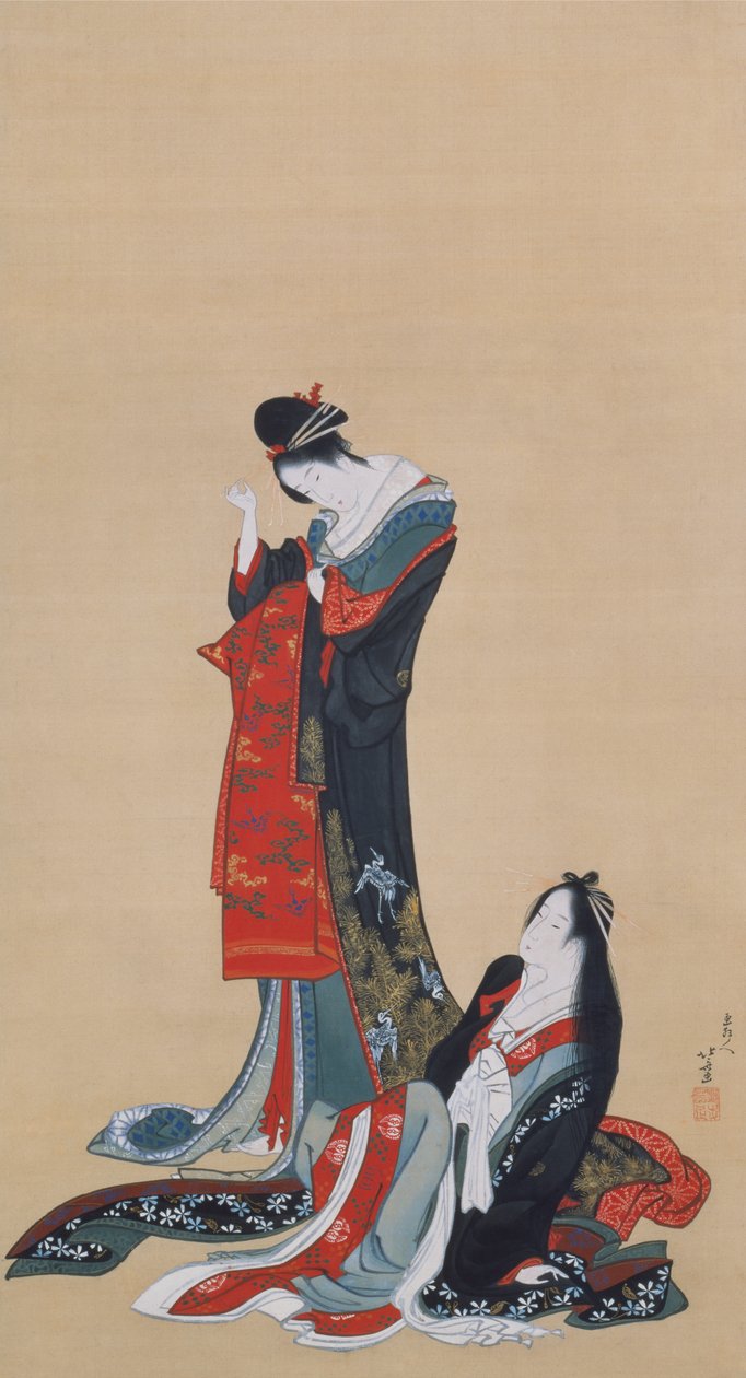 Dwie kurtyzany, okres Edo, ok. 1805 (tusz i kolor na jedwabiu) autorstwa Katsushika Hokusai