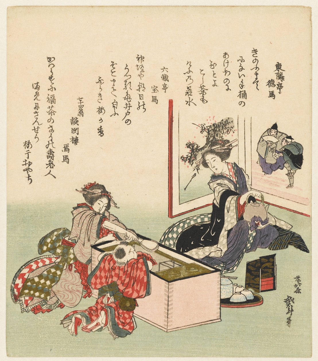 Dwie kobiety i chłopiec siedzący przy piecyku autorstwa Katsushika Hokusai