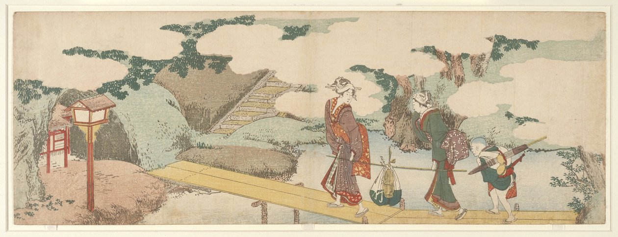 Dwie kobiety i chłopiec na promenadzie autorstwa Katsushika Hokusai