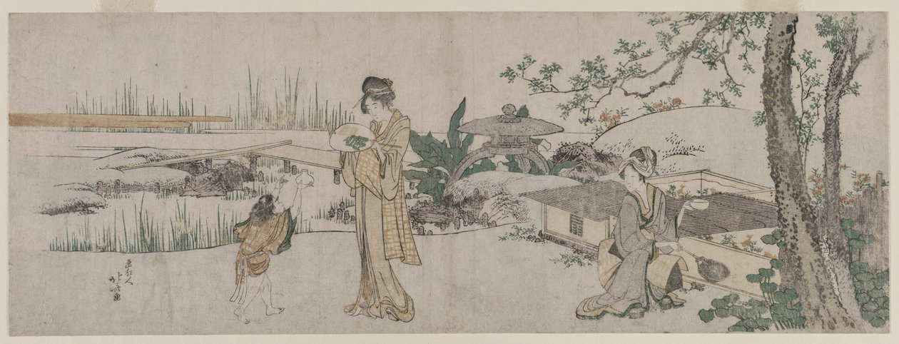 Dwie kobiety i dziecko przy akwarium ze złotą rybką 1800. autorstwa Katsushika Hokusai