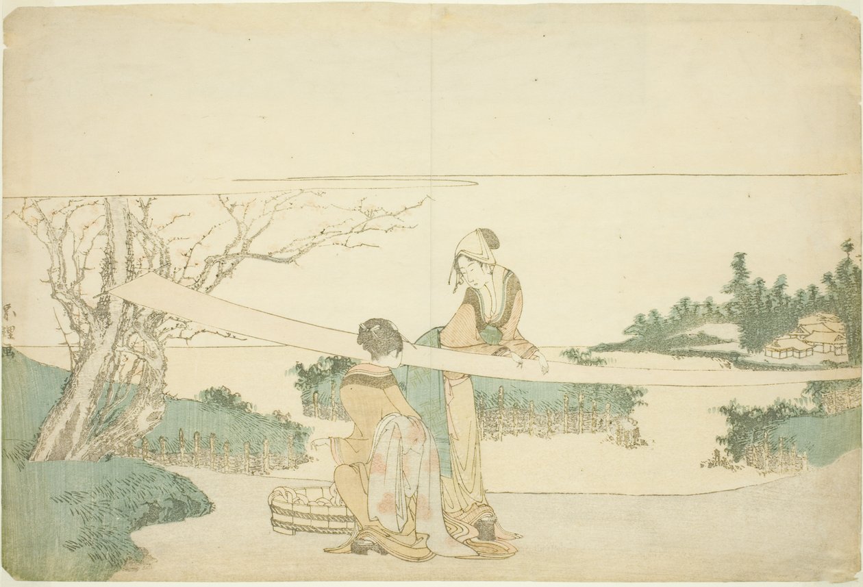 Dwie kobiety rozciągające szmatkę autorstwa Katsushika Hokusai