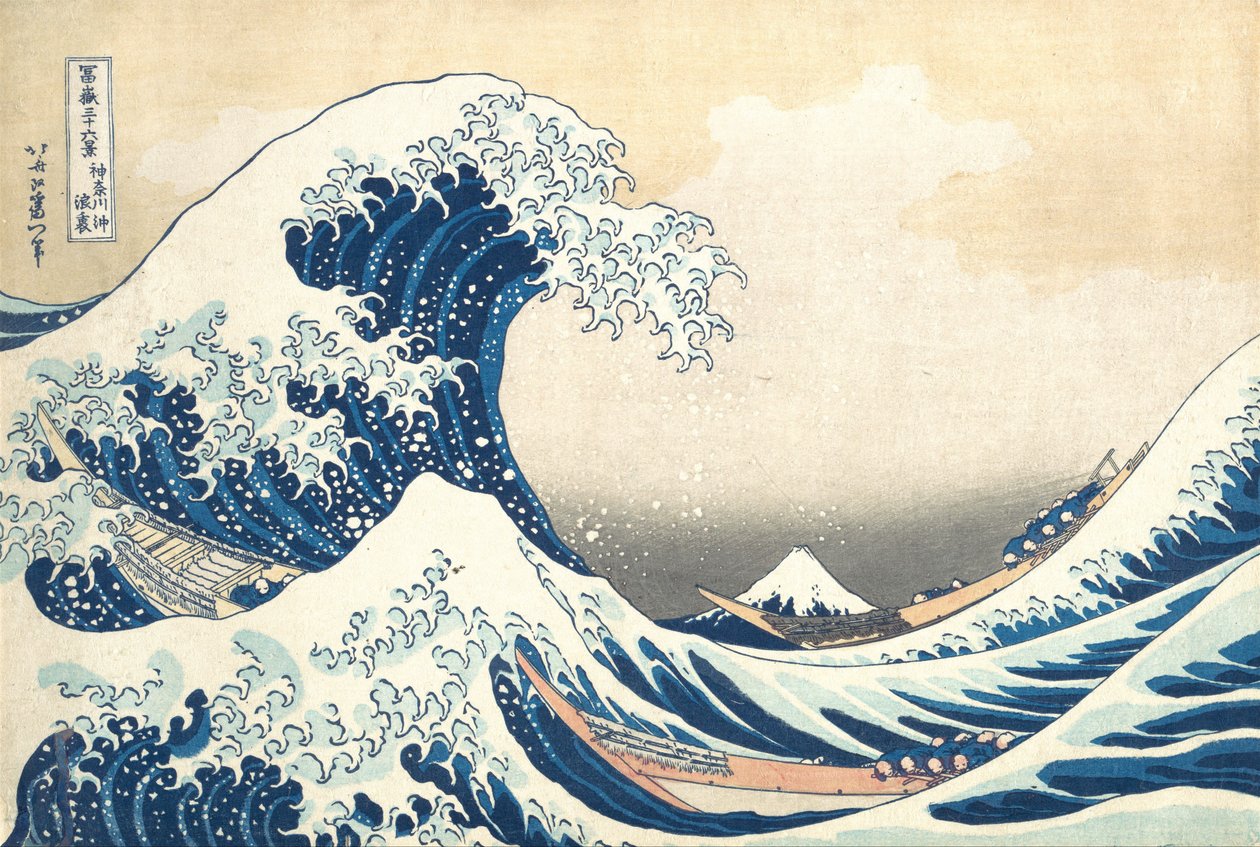 Under the Wave off Kanagawa Kanagawa oki nami ura, znana również jako Wielka Fala, ..., ca. 1830-32. autorstwa Katsushika Hokusai