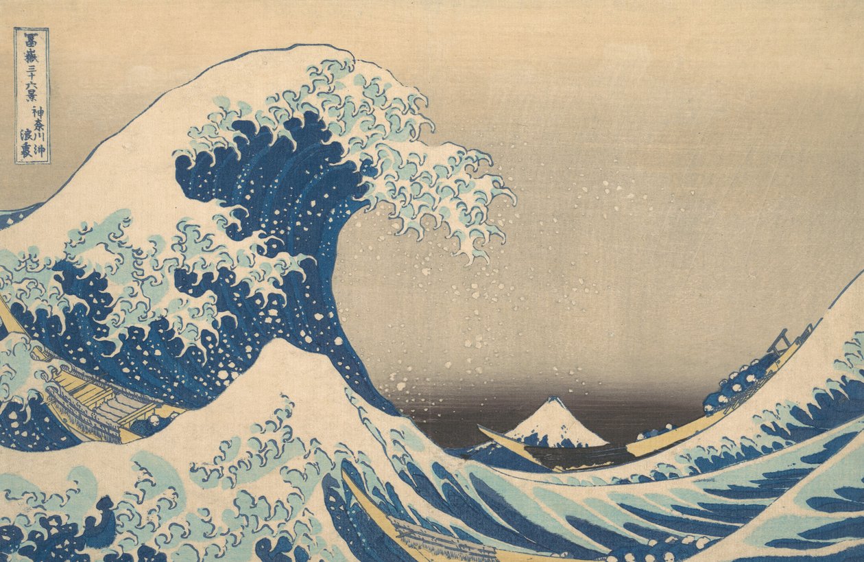 Under the Wave off Kanagawa Kanagawa oki nami ura, znana również jako Wielka Fala, ..., ca. 1830-32. autorstwa Katsushika Hokusai