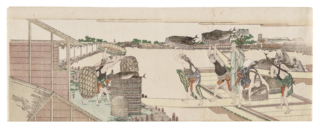 Rozładunek bonito przeznaczonego na rynek autorstwa Katsushika Hokusai